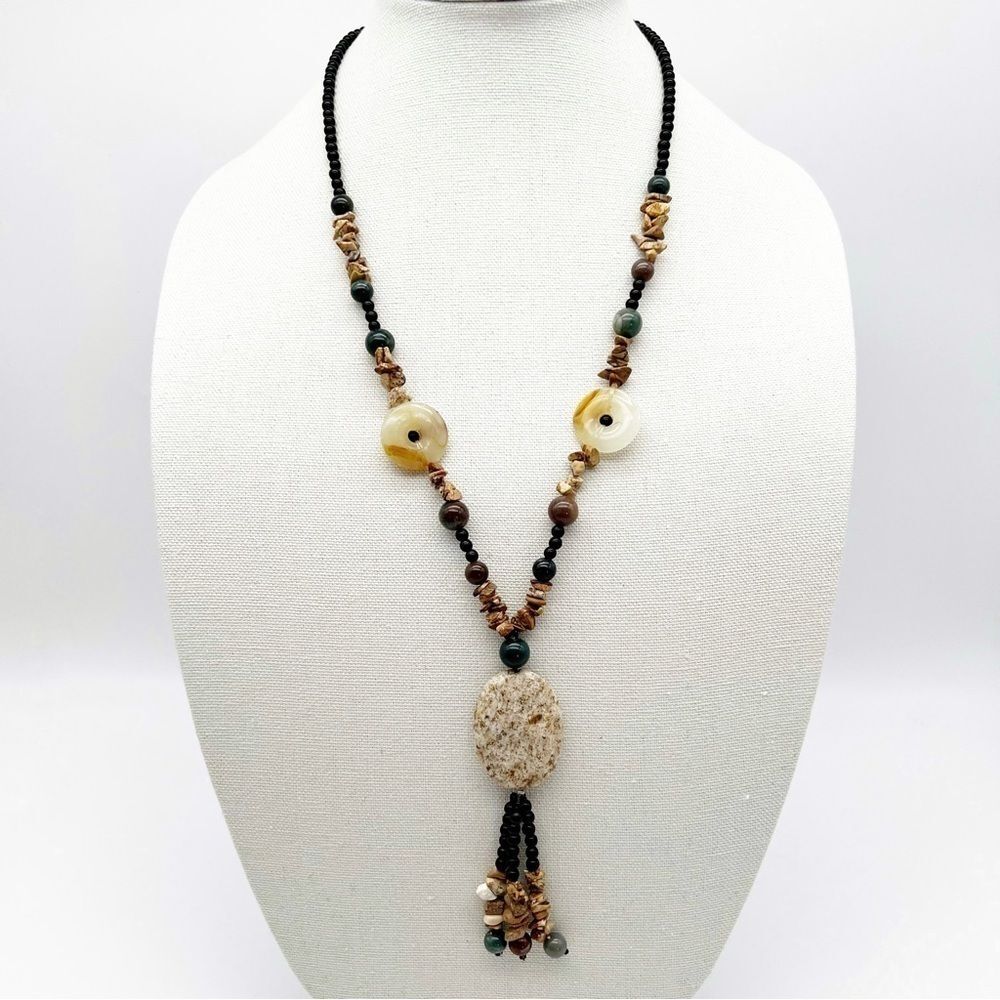 Natural Stone Round Bead Oval Pendant Chip Tassel Boho Fashion Necklace 34”